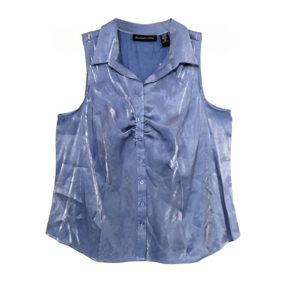 Blue Diamond Plus Size 18W Top Sleeveless Ruched Collared Button-Up Shiny Blue - Picture 2 of 9